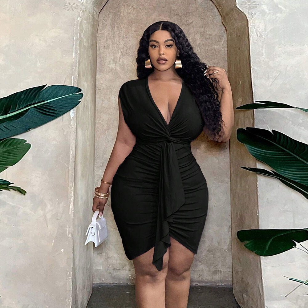 V-neck Waist-tight Ruffle Hip Dress