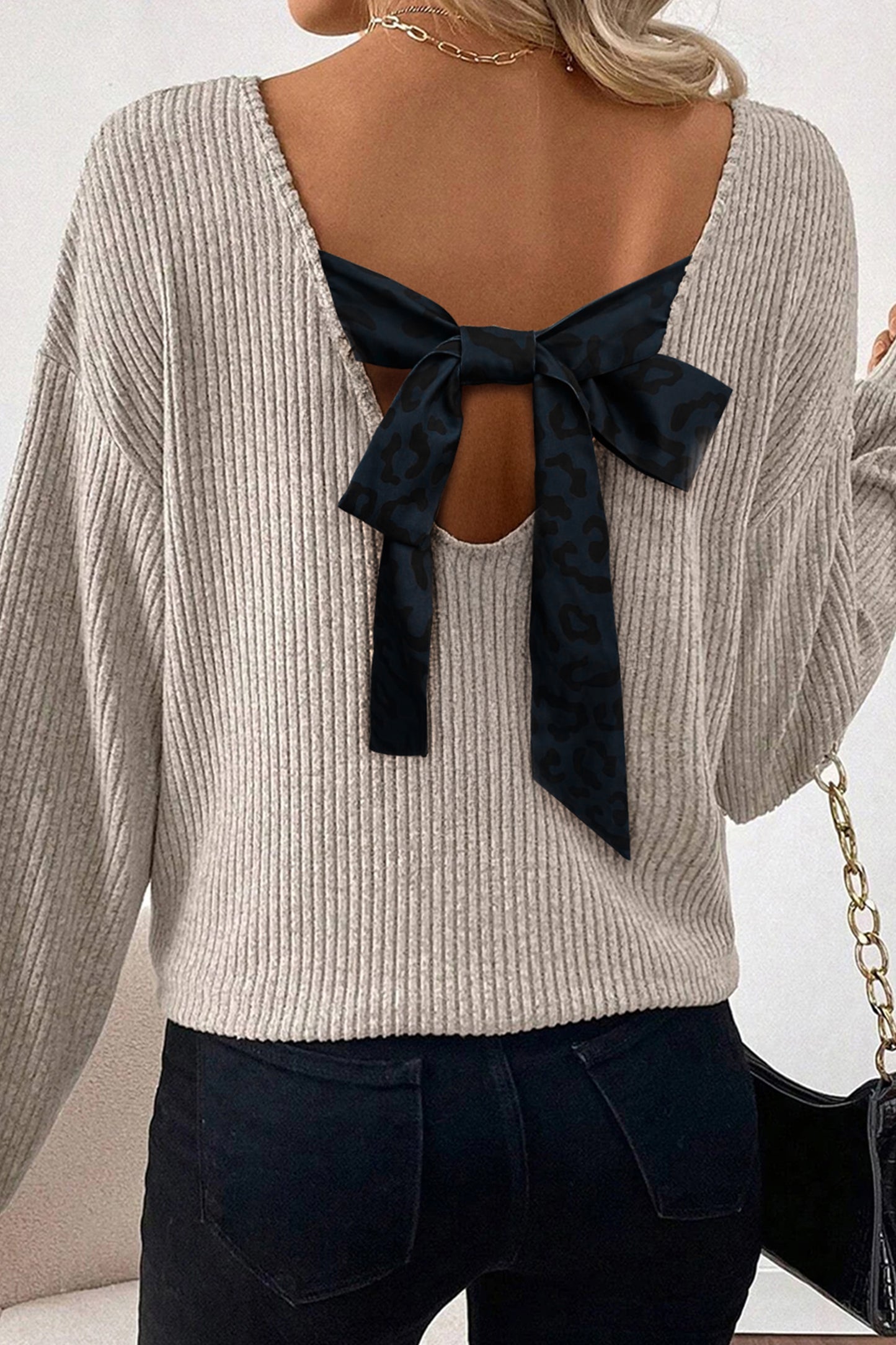 Ribbed V Neck Ribbon Bow Back Drop Shoulder Long Sleeve Top