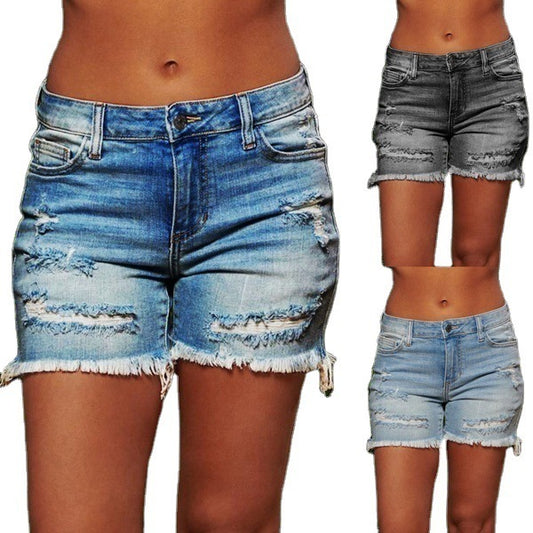 Ripped Fringed Stretch Denim Shorts