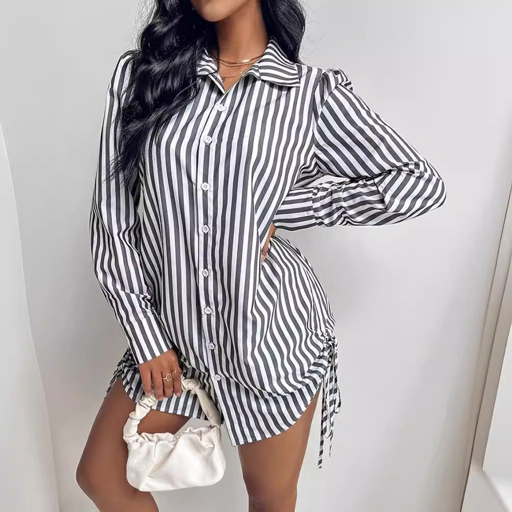 Color Contrast Striped Long Sleeve Lapel Shirt Dress