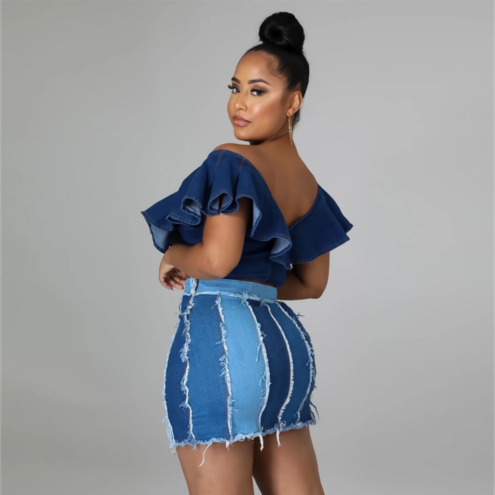 Patchwork Pleated Denim Skirt