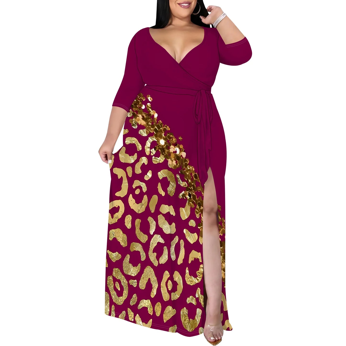 V-Neck Wrap Maxi Dress with Gold Leopard Print
