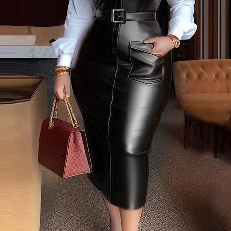 V-Neck Long Sleeve Shirt Leather Trim Dress
