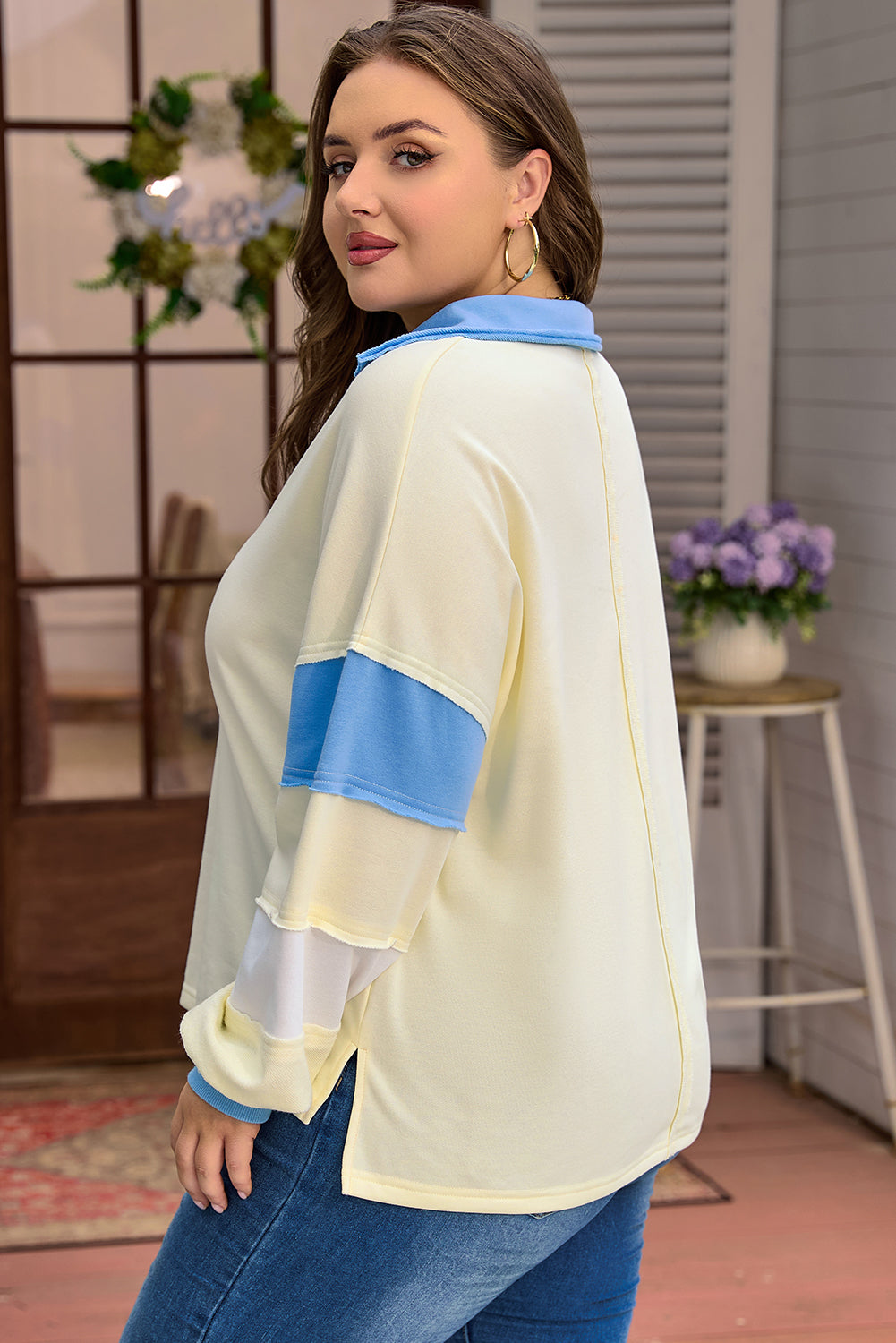 Yellow Cream Raw Seam Color Block V Neck Pullover