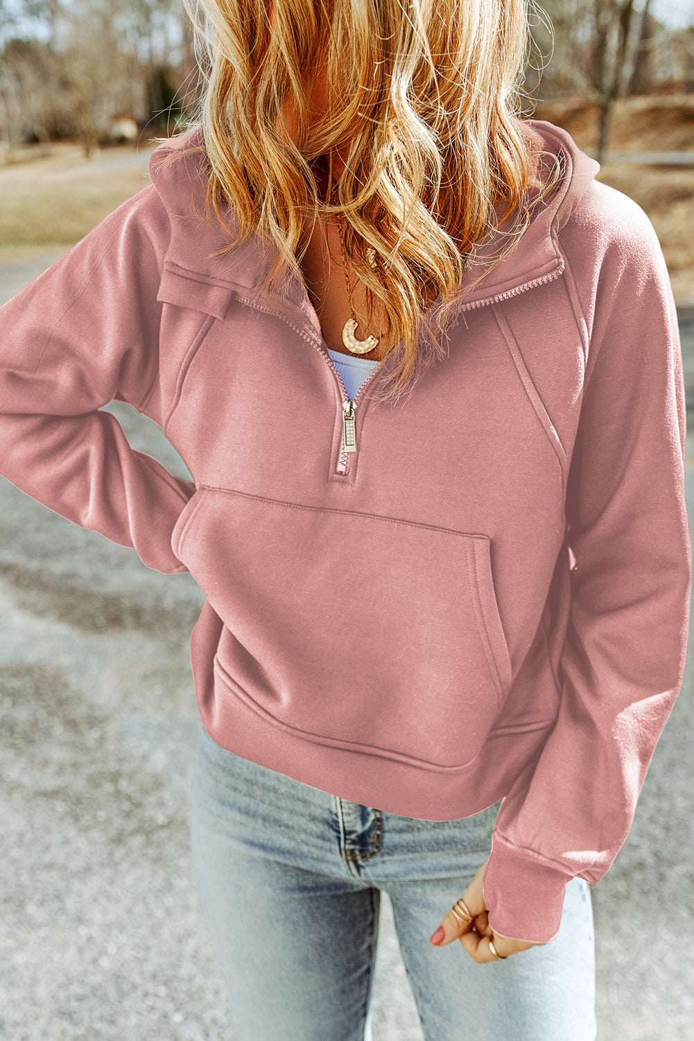 Double Take Half-Zip Thumbhole Sleeve Hoodie