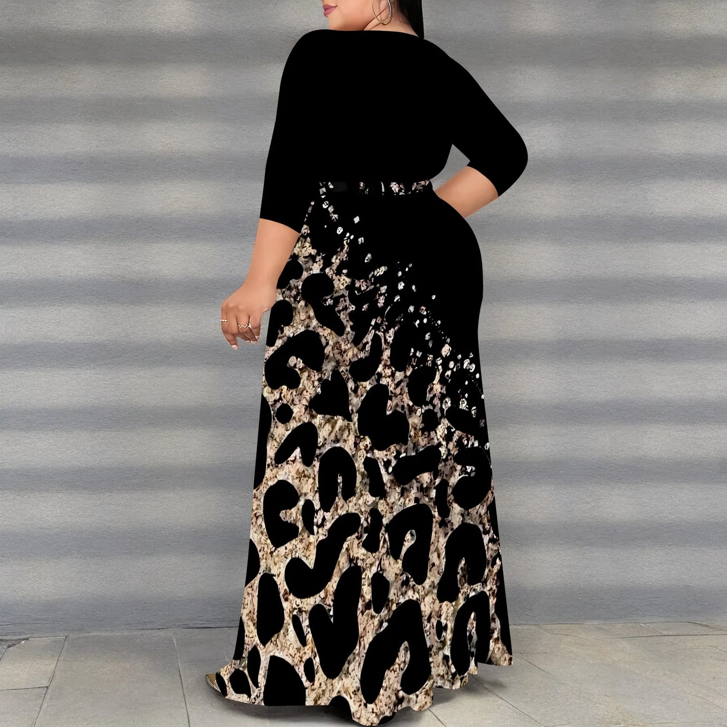 V-Neck Wrap Maxi Dress with Gold Leopard Print