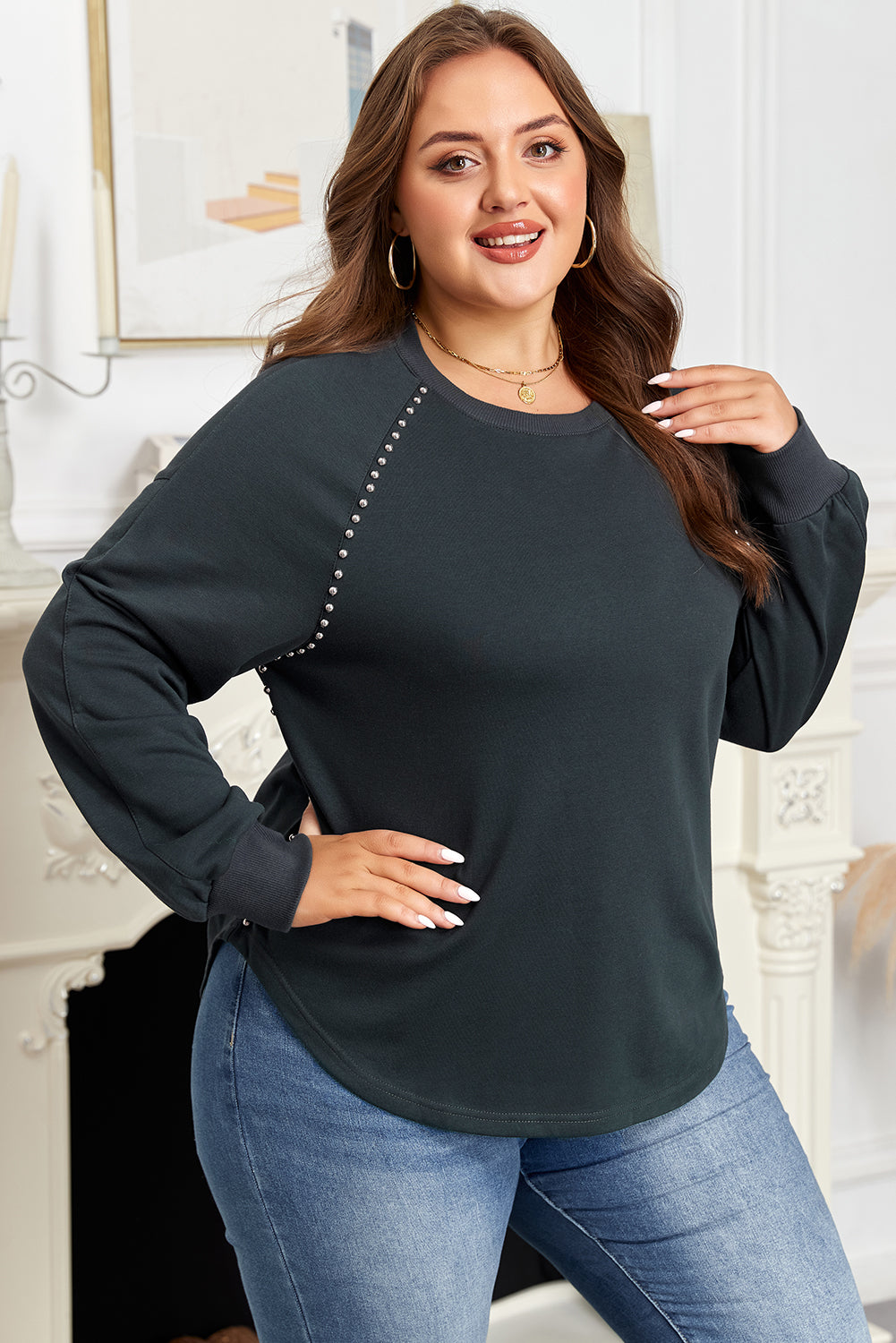 Black Studded Decor Ribbed Edge Mineral Wash Jumper