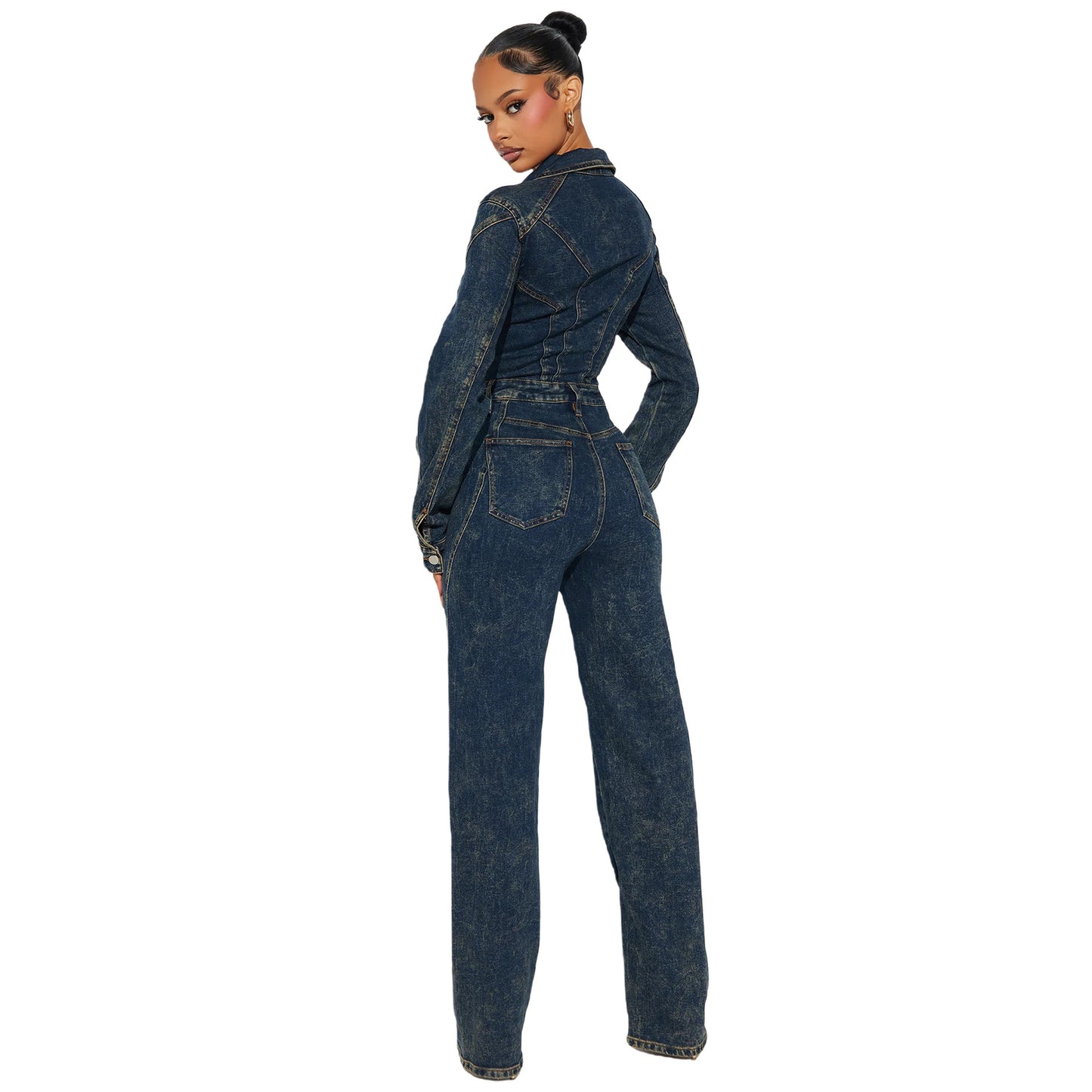 Long-sleeve Patchwork Denim Jumpsuit