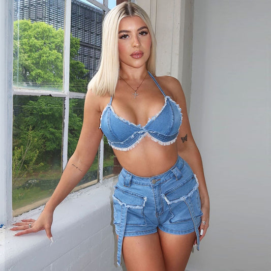 Tassel Pocket Wash Navel Backless Denim Suit