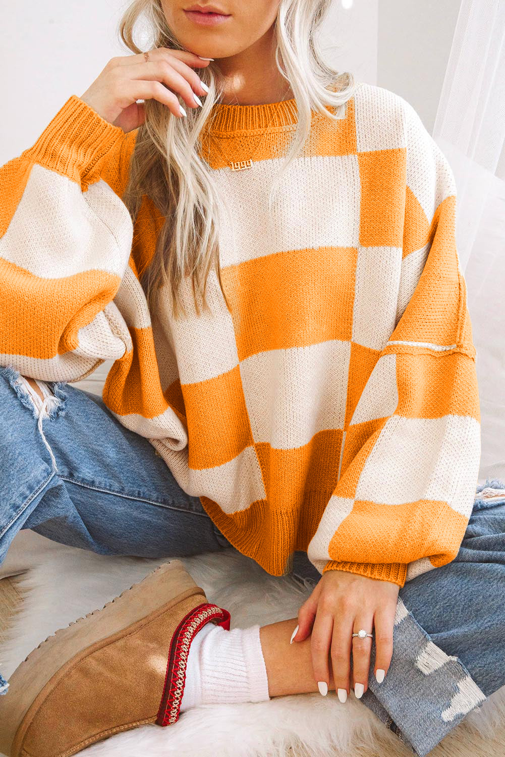 Dark Brown Checkered Bishop Sleeve Sweater