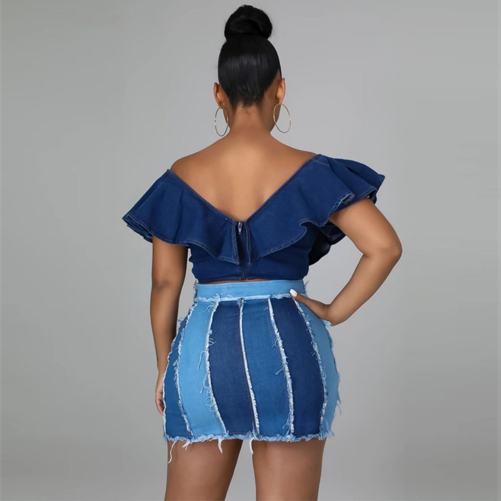 Patchwork Pleated Denim Skirt
