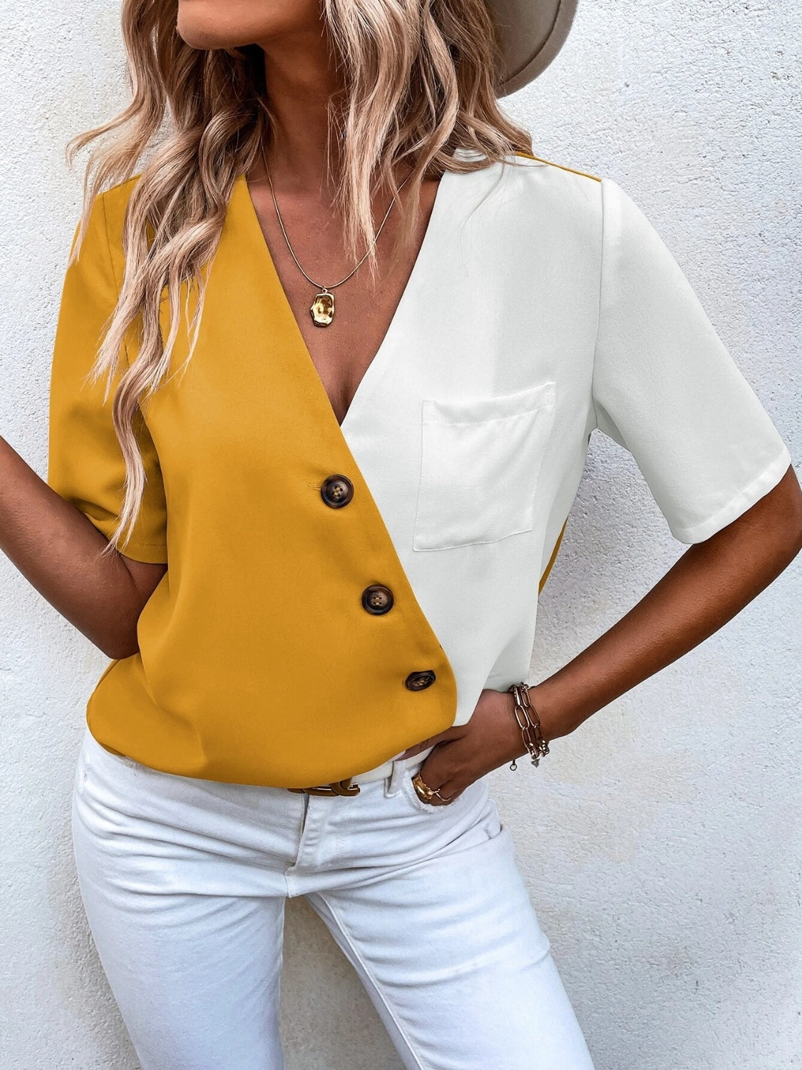 Decorative Button Surplice Short Sleeve Blouse