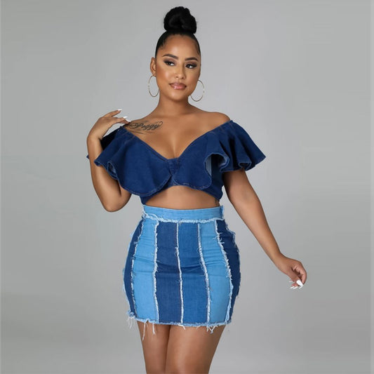 Patchwork Pleated Denim Skirt