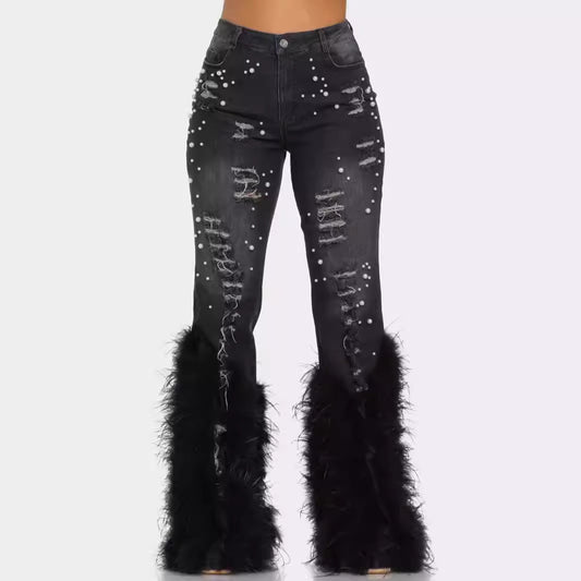 Ripped Beaded Stretch Jeans