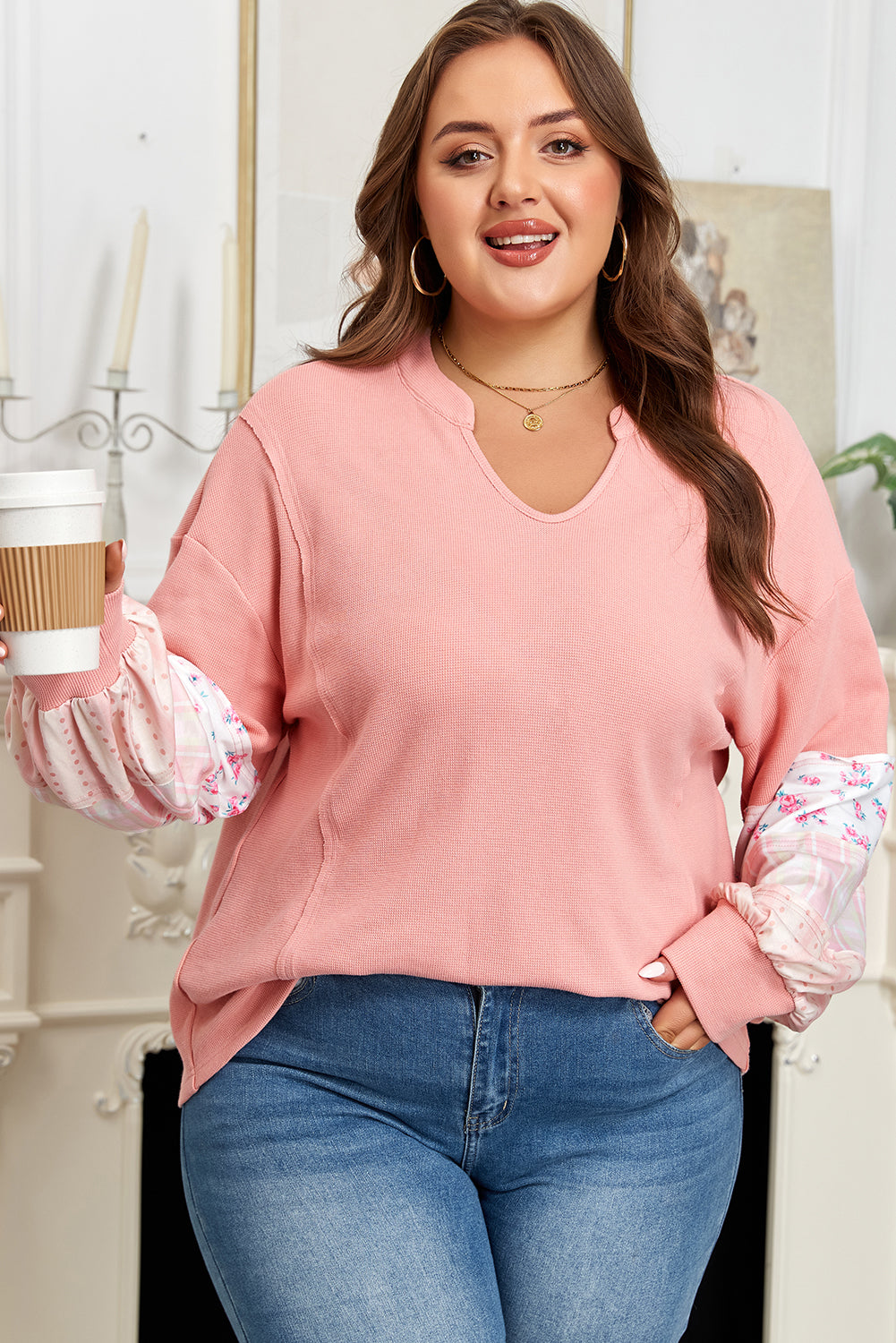 Pink Floral Sleeve Patchwork Waffle Knit Notched V Neck Top