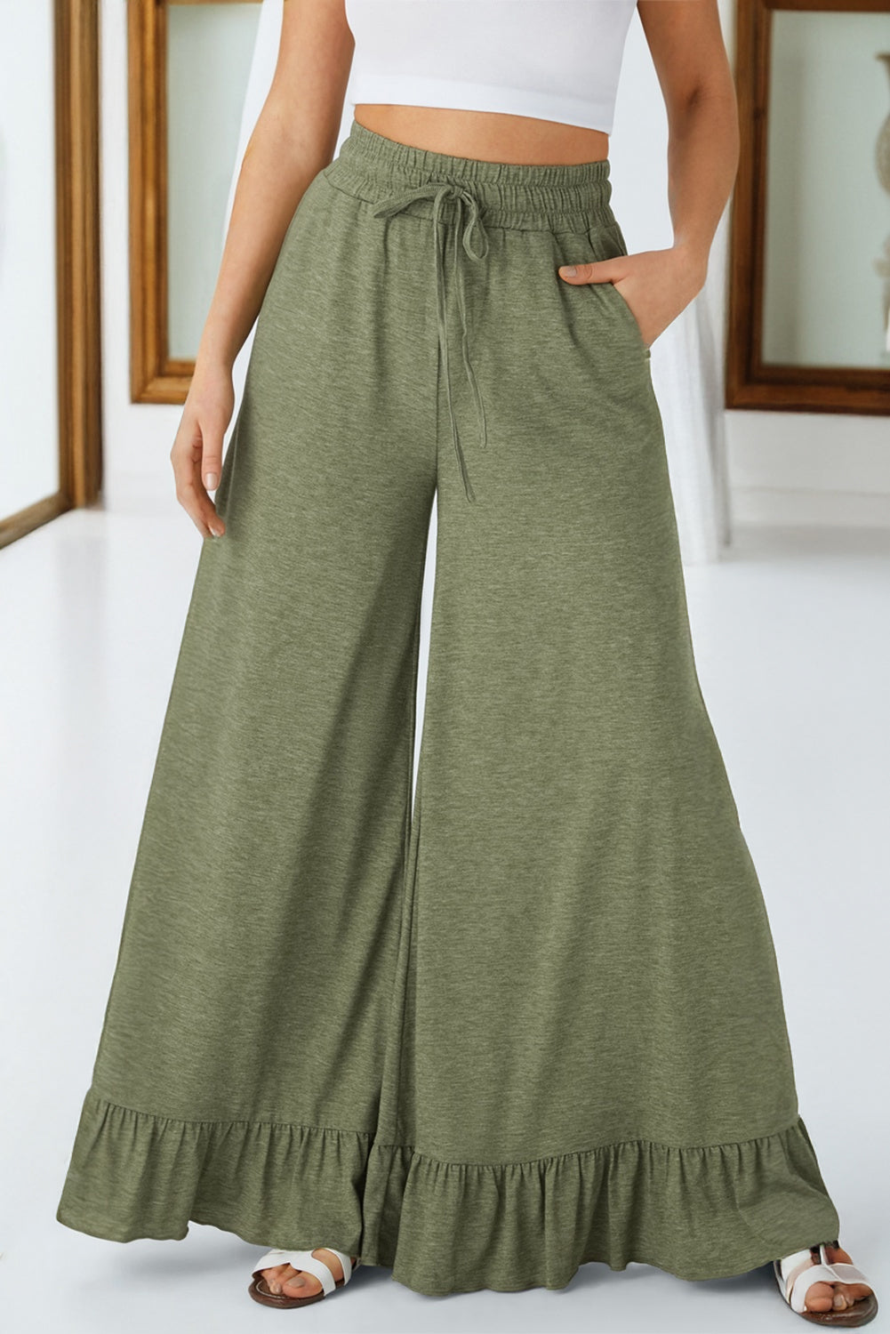 Black Ruffled Wide Leg Pull On High Waist Pants with Pockets