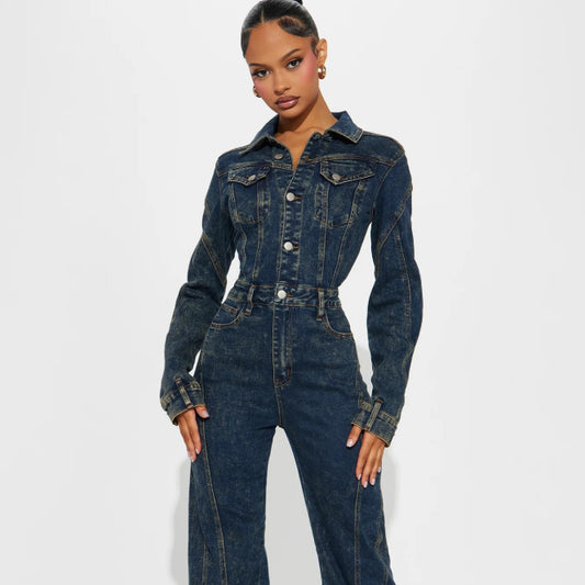 Long-sleeve Patchwork Denim Jumpsuit