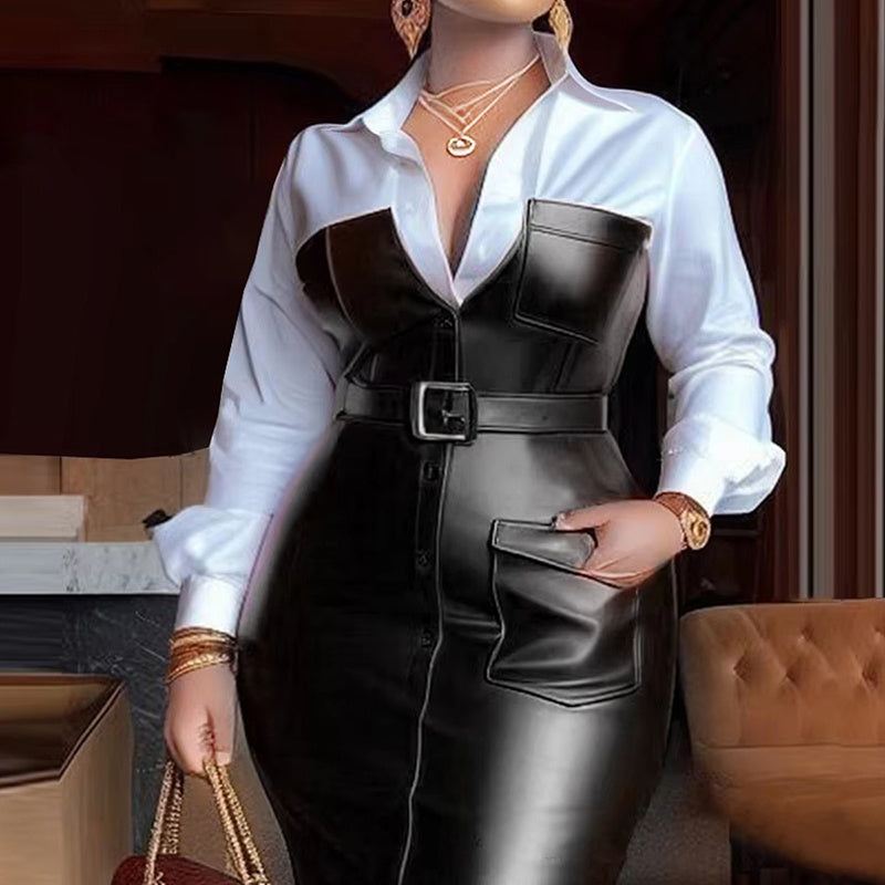 V-Neck Long Sleeve Shirt Leather Trim Dress