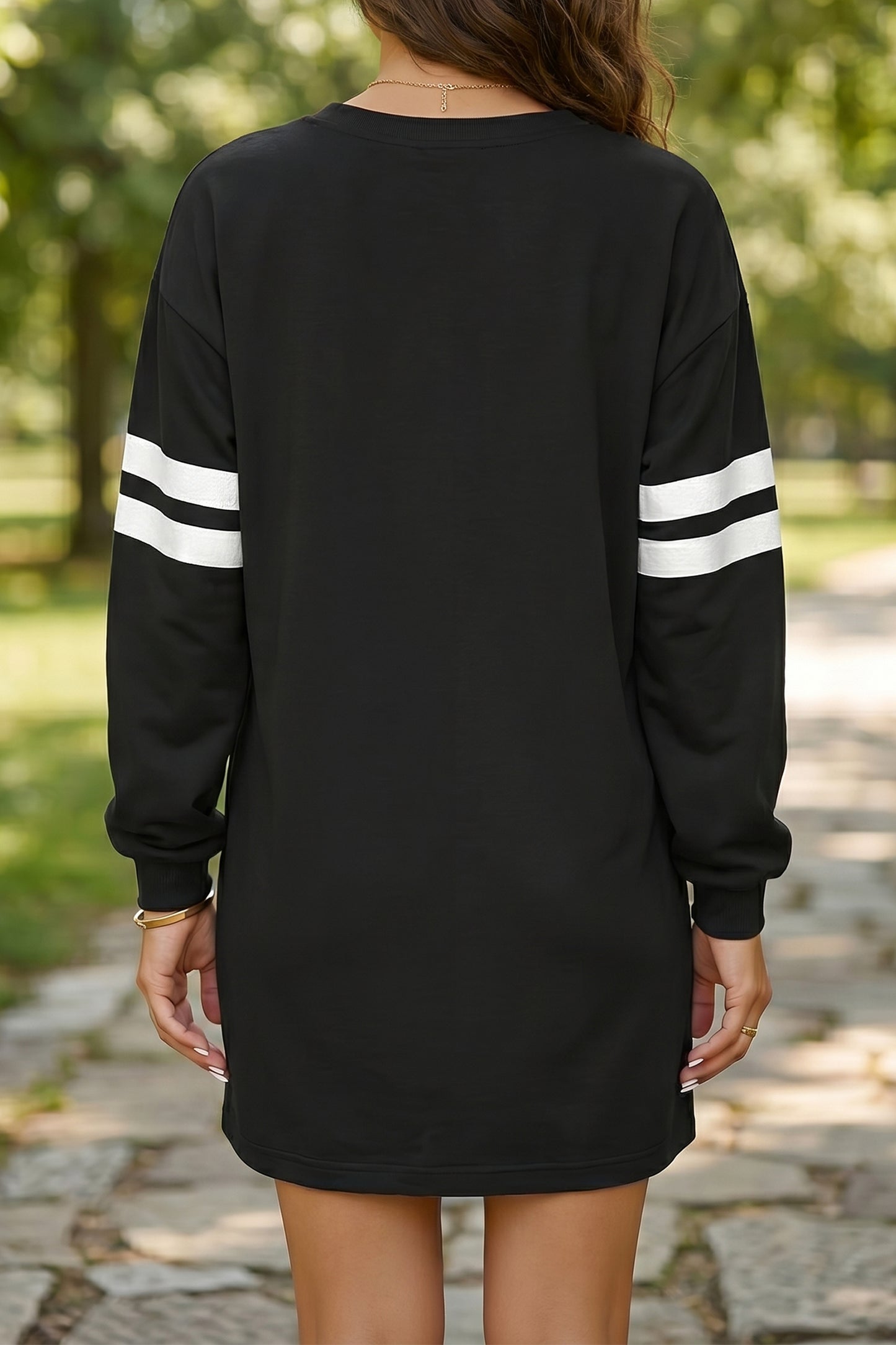 Tillandsia Purple Varsity Contrast Banded Sleeve Shift Sweatshirt Dress