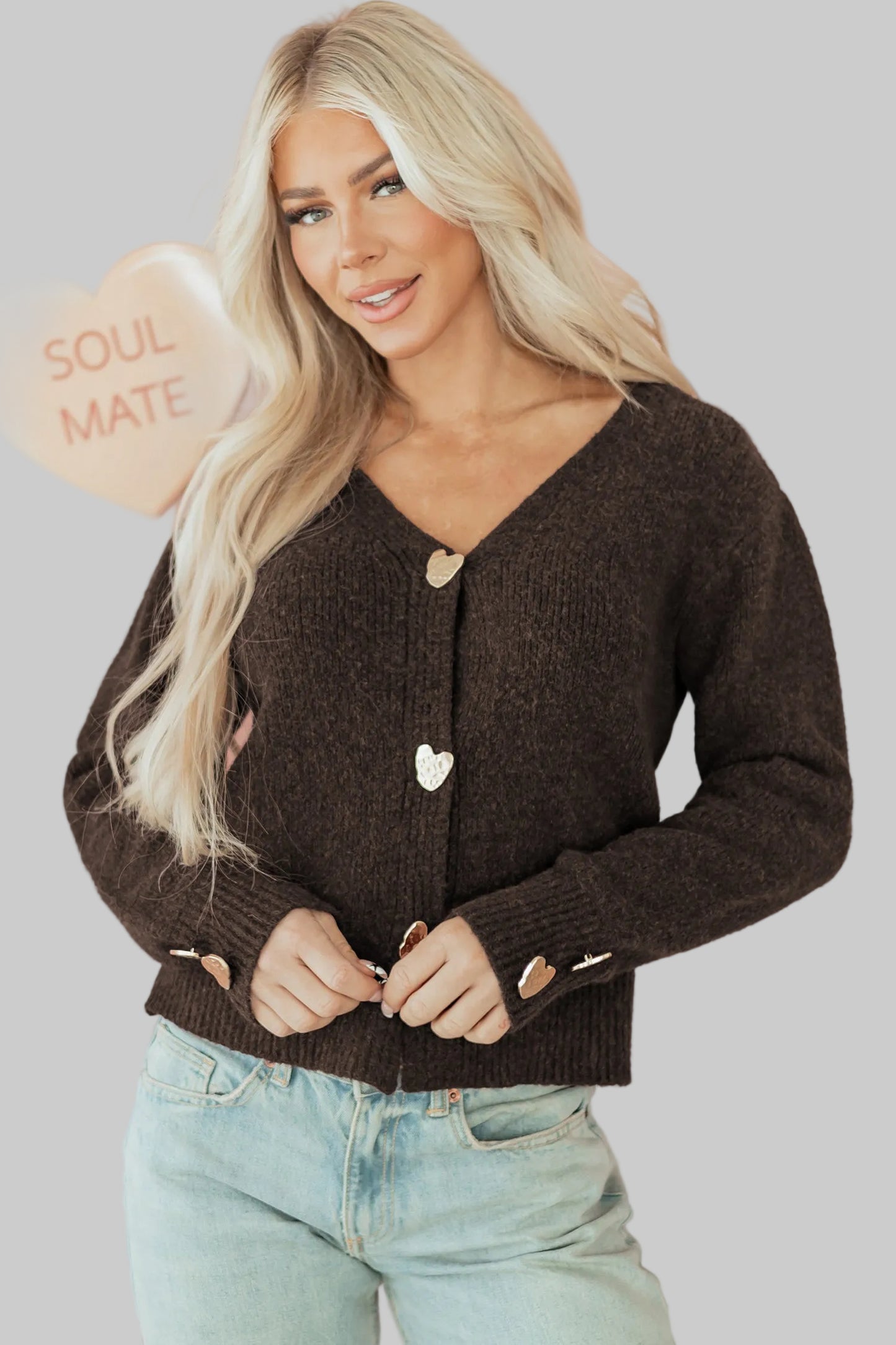 Chicory Coffee Heart Metal Button V Neck Cardigan Sweater