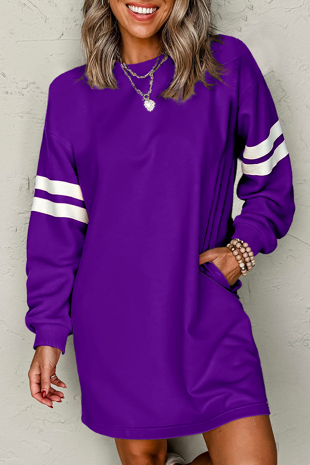 Tillandsia Purple Varsity Contrast Banded Sleeve Shift Sweatshirt Dress