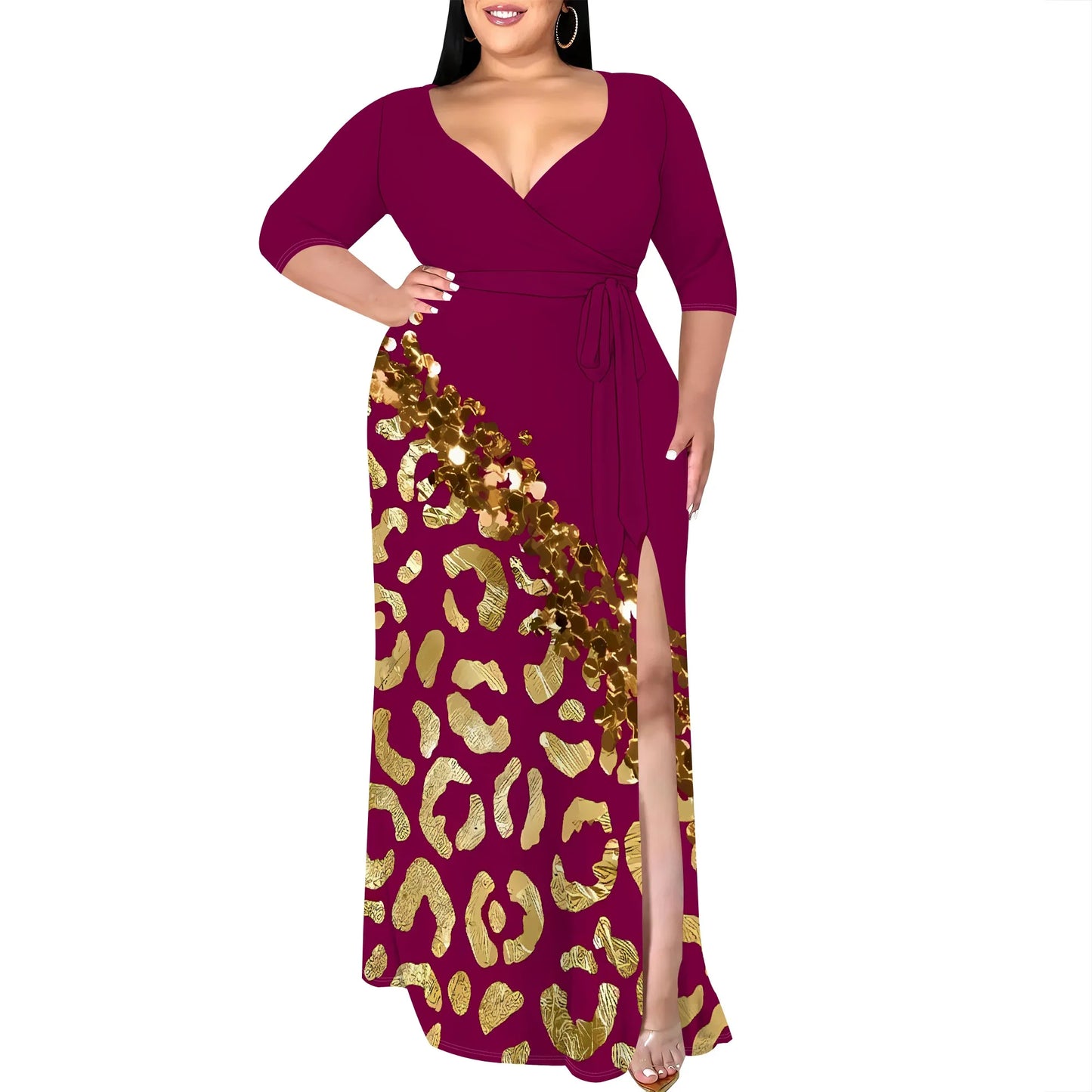 V-Neck Wrap Maxi Dress with Gold Leopard Print