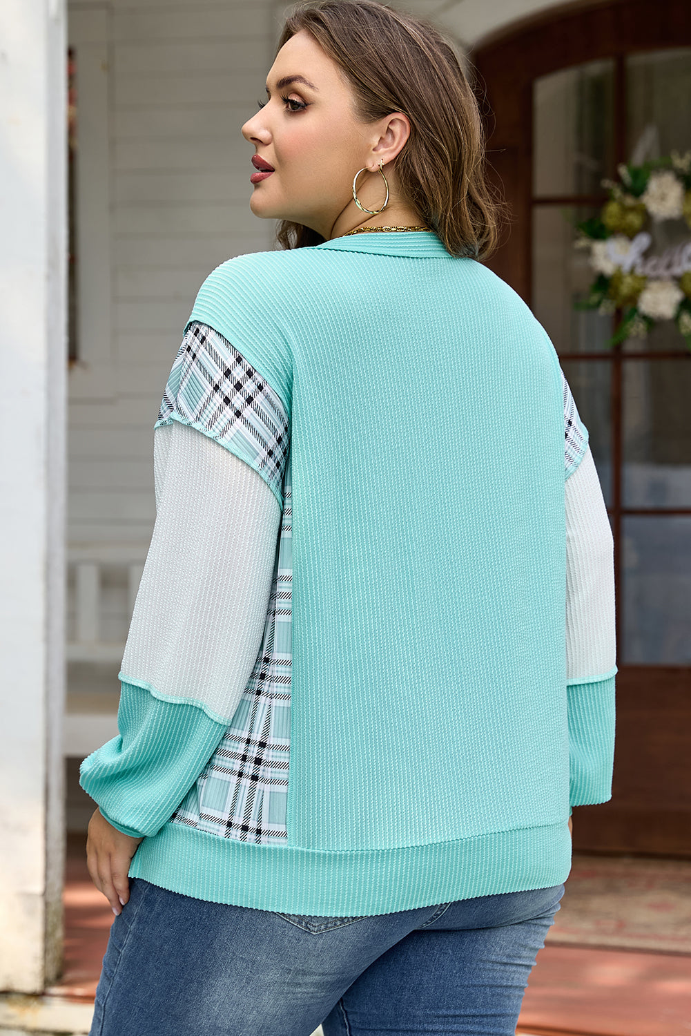 Aruba Blue Twist Ribbed Patchwork Long Sleeve Top