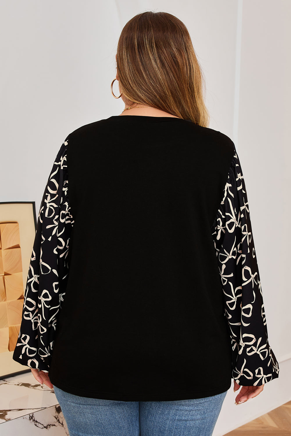 Black Bow Knot Patchwork Crewneck Blouse