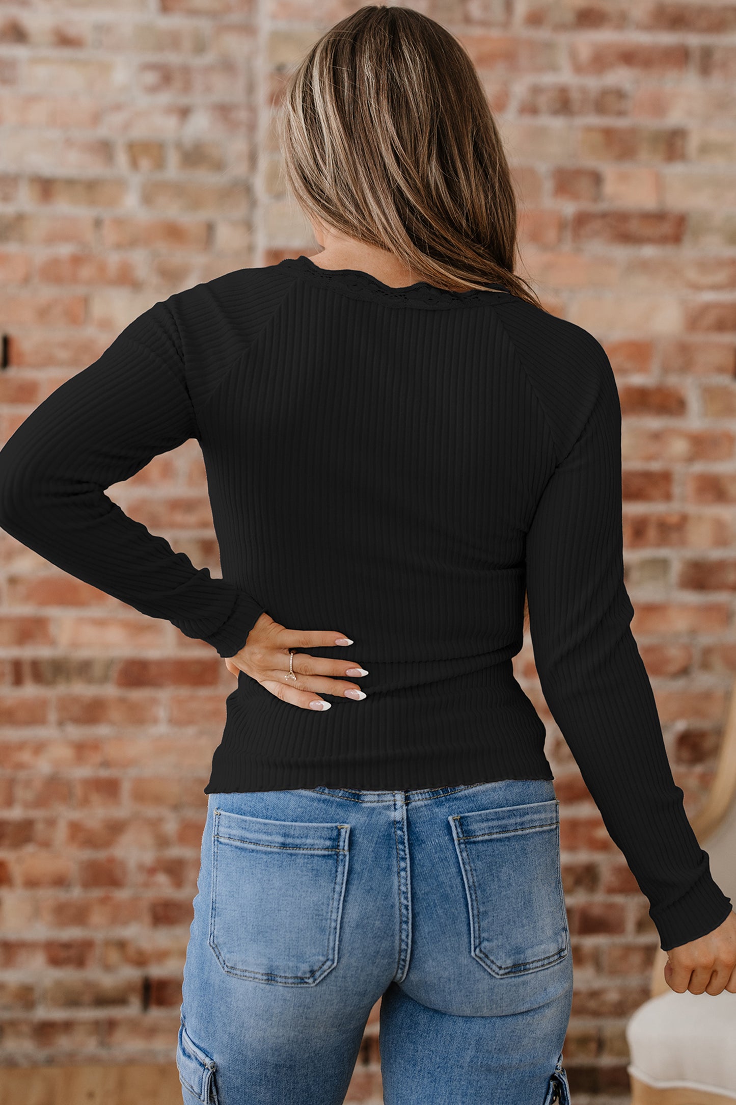 Black Lace Neckline Long Sleeve Top