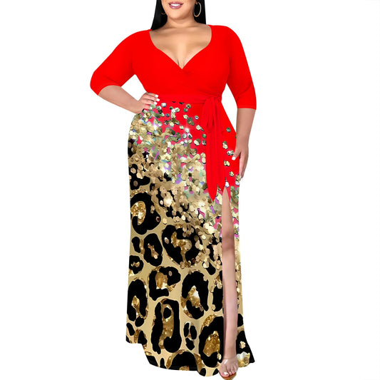 V-Neck Wrap Maxi Dress with Gold Leopard Print