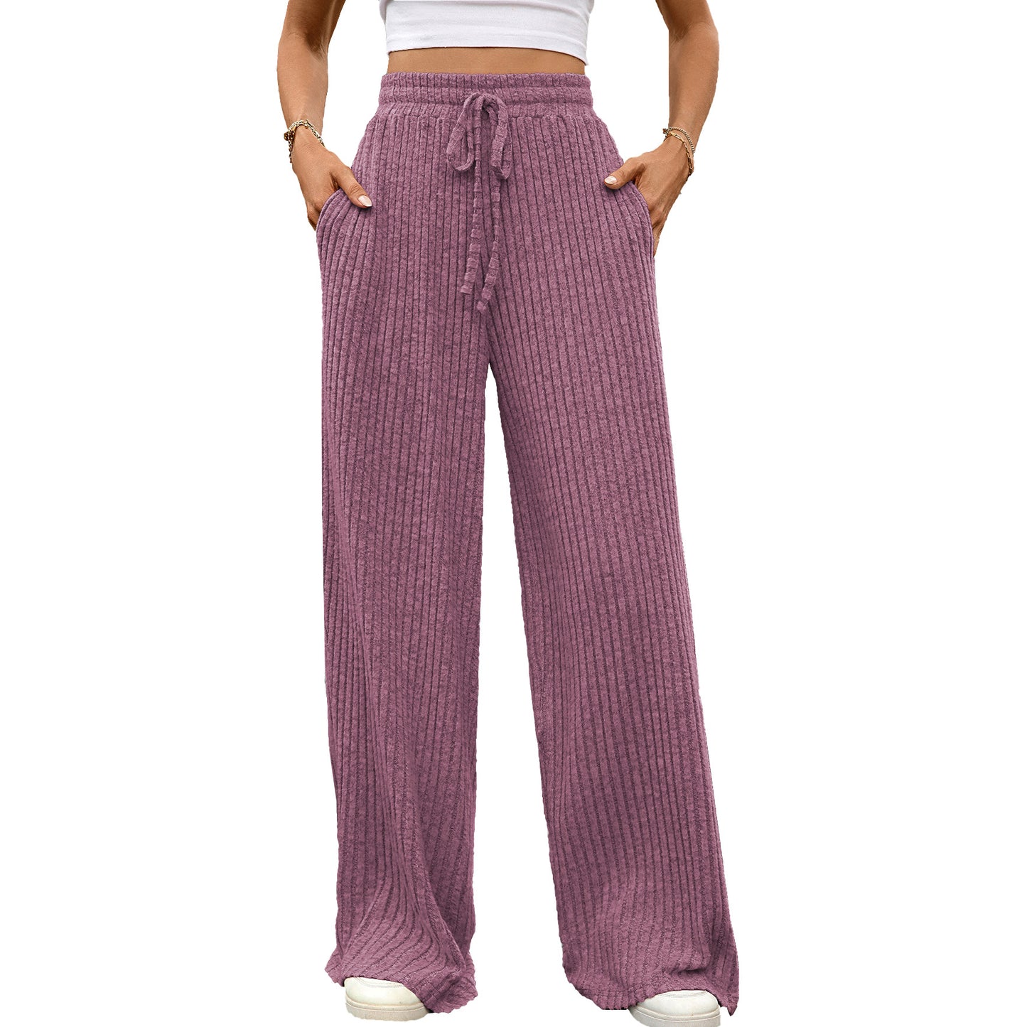 Multi-color Drawstring Loose Sunken Stripe Straight-leg Trousers