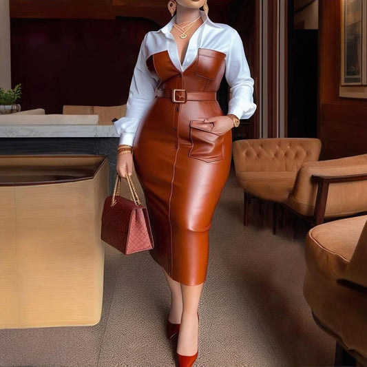 V-Neck Long Sleeve Shirt Leather Trim Dress