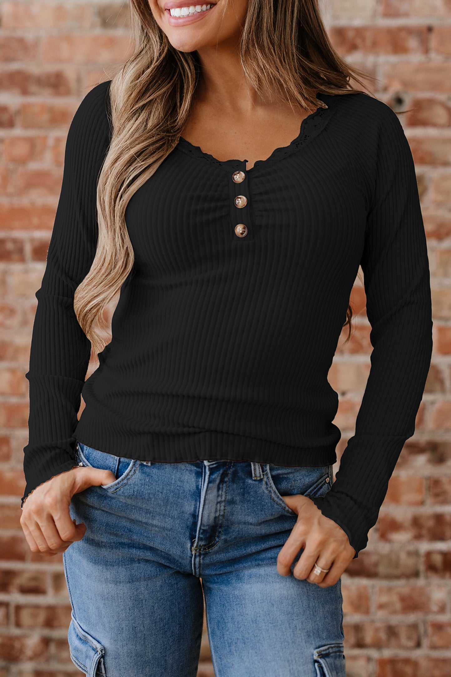 Black Lace Neckline Long Sleeve Top
