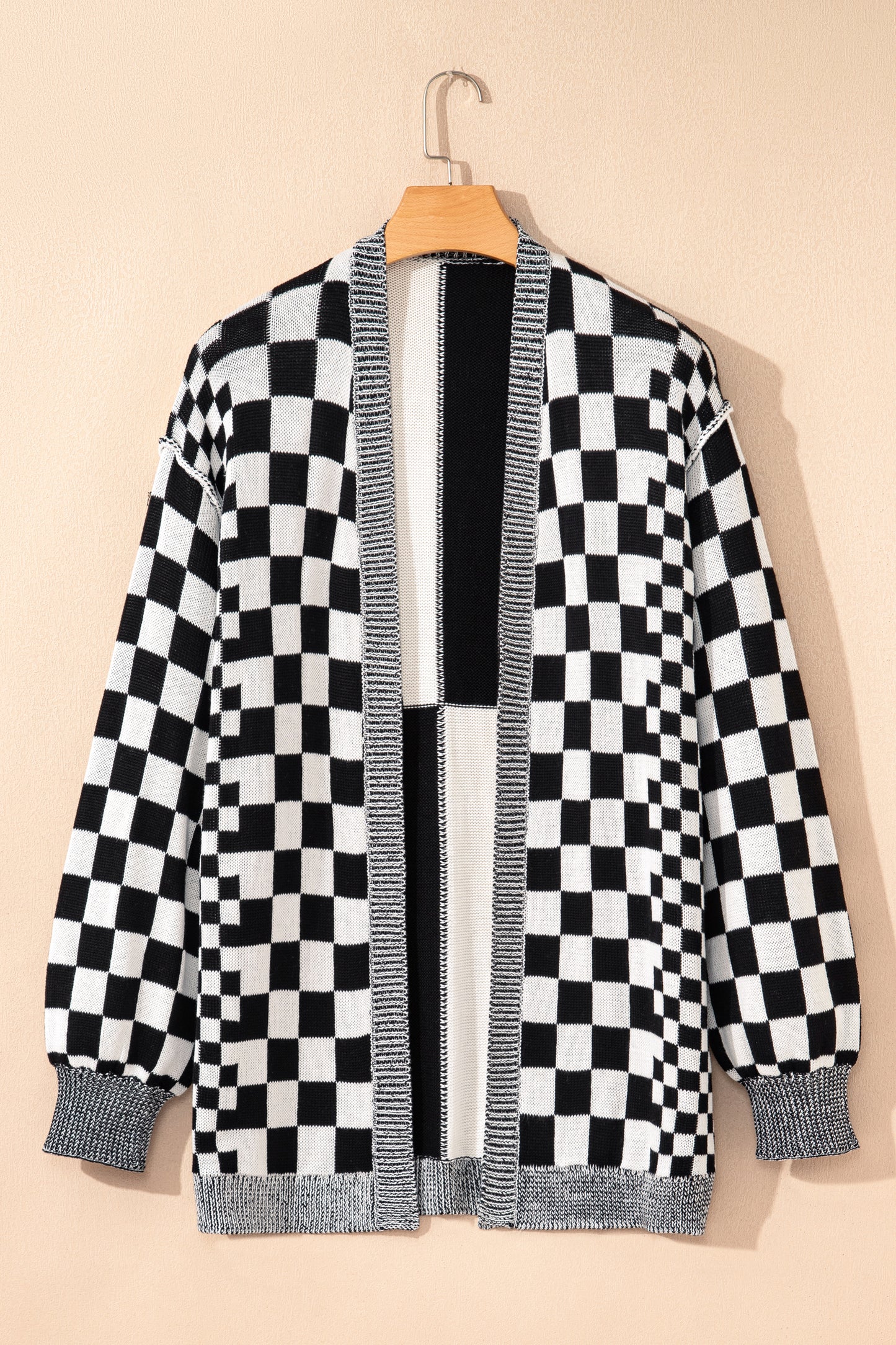 Orange Plus Size Checkered Bubble Sleeve Drop Shoulder Open Cardigan