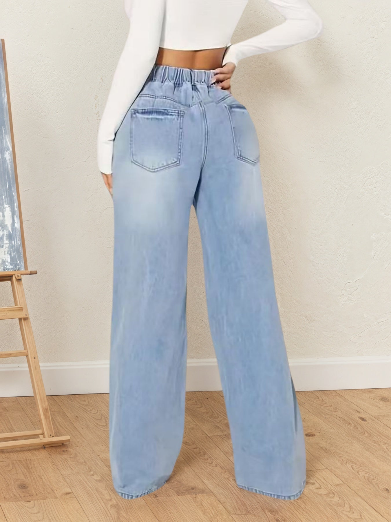 Drawstring Design  High-waisted Denim Pants, Loose Version Of Mopping Pant