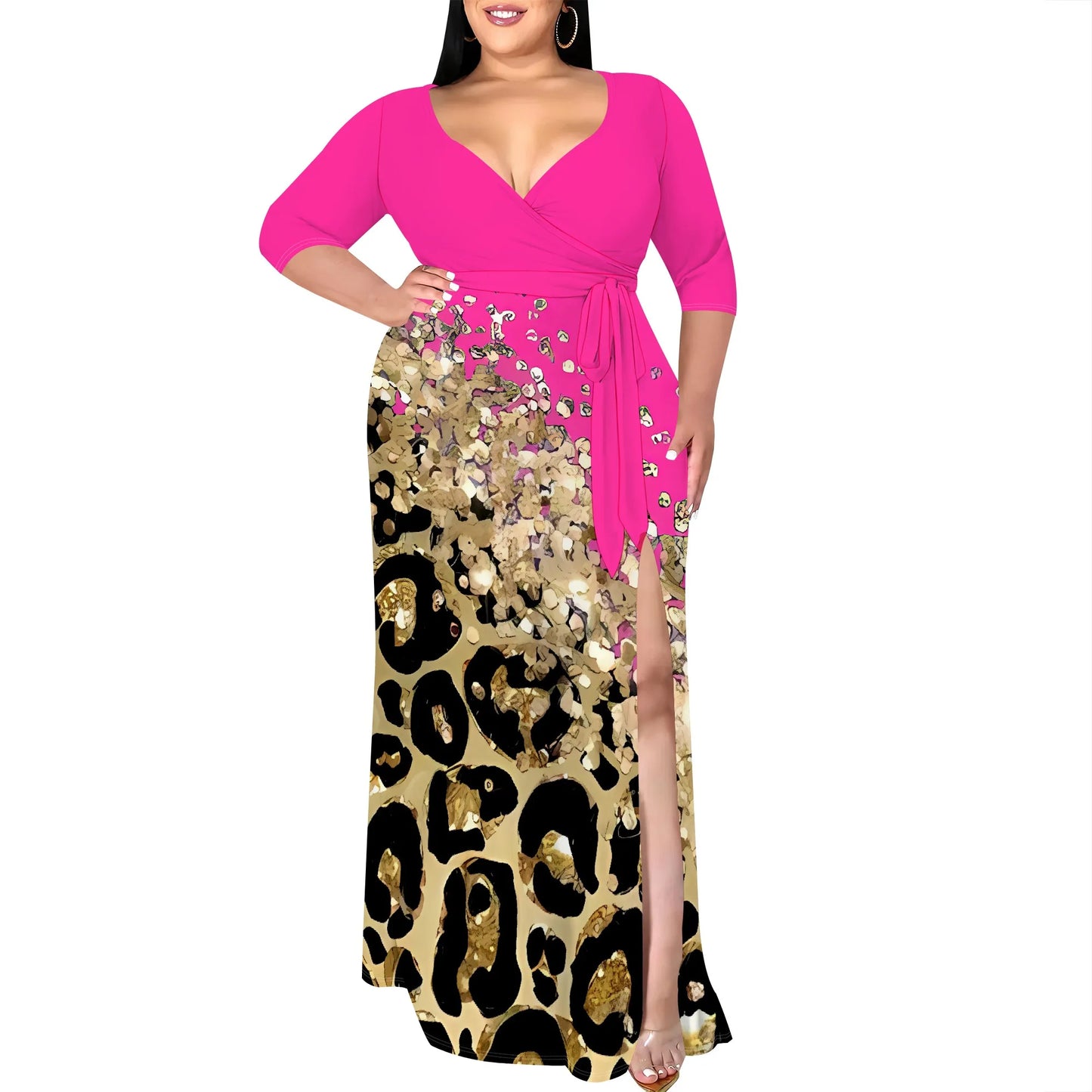 V-Neck Wrap Maxi Dress with Gold Leopard Print