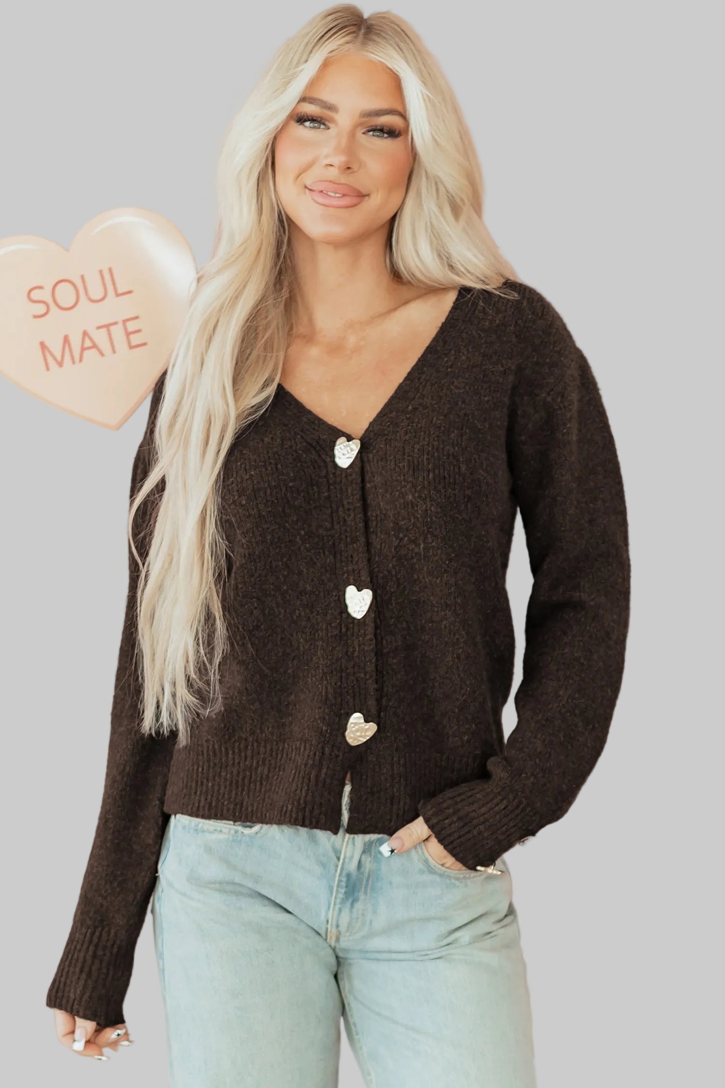 Chicory Coffee Heart Metal Button V Neck Cardigan Sweater