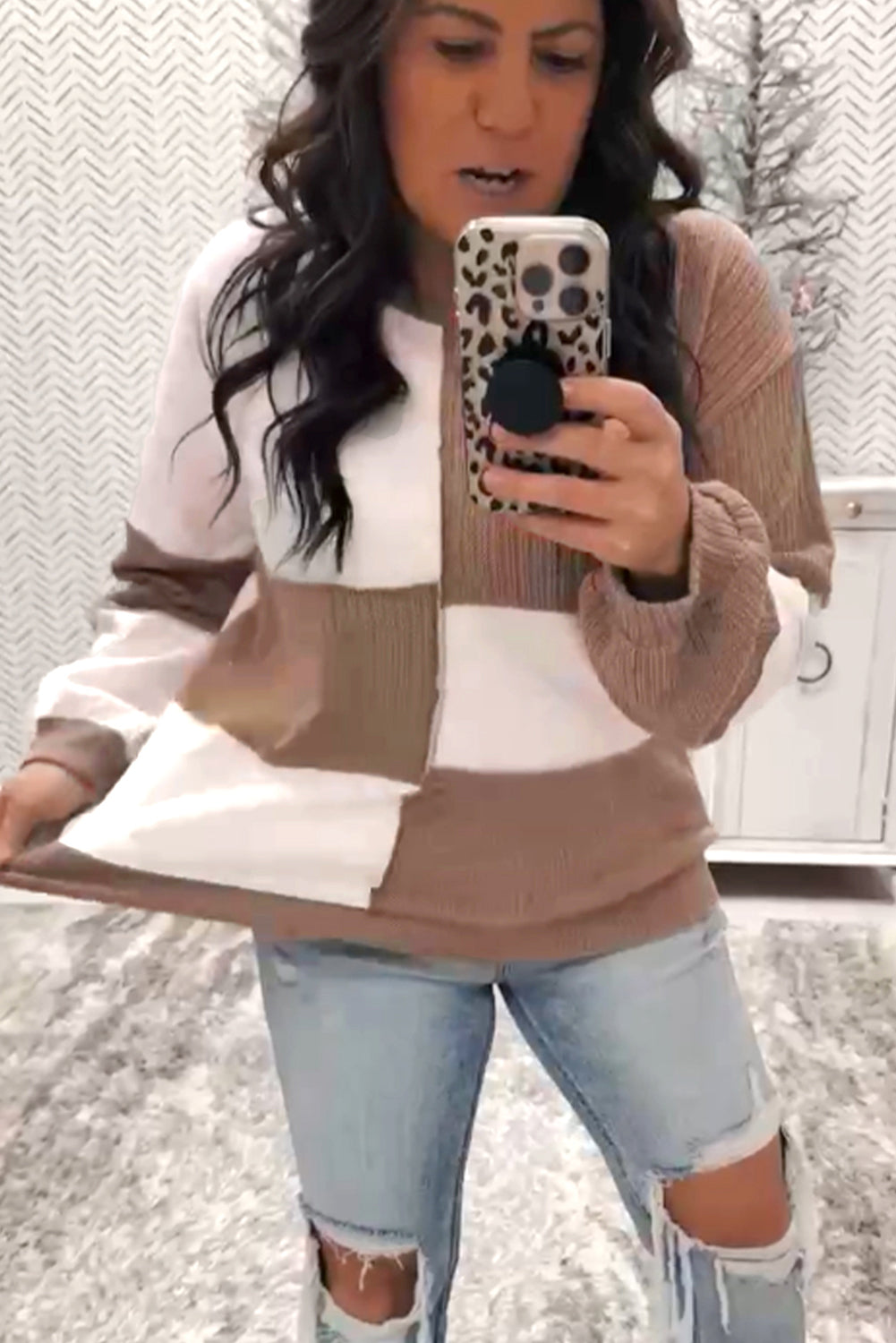 Dark Khaki Colorblock Checkered Raw Seamed Knitted Jumper