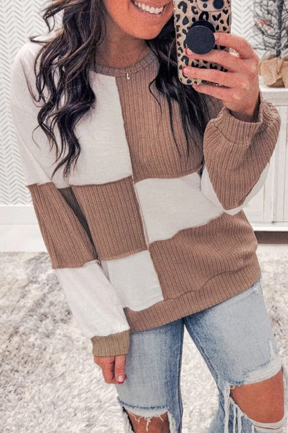 Dark Khaki Colorblock Checkered Raw Seamed Knitted Jumper