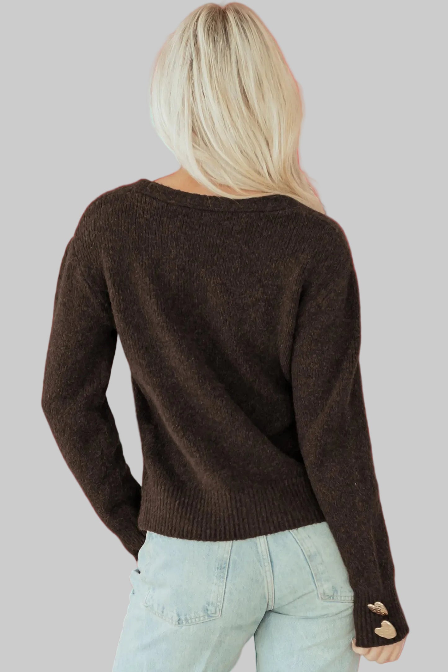 Chicory Coffee Heart Metal Button V Neck Cardigan Sweater