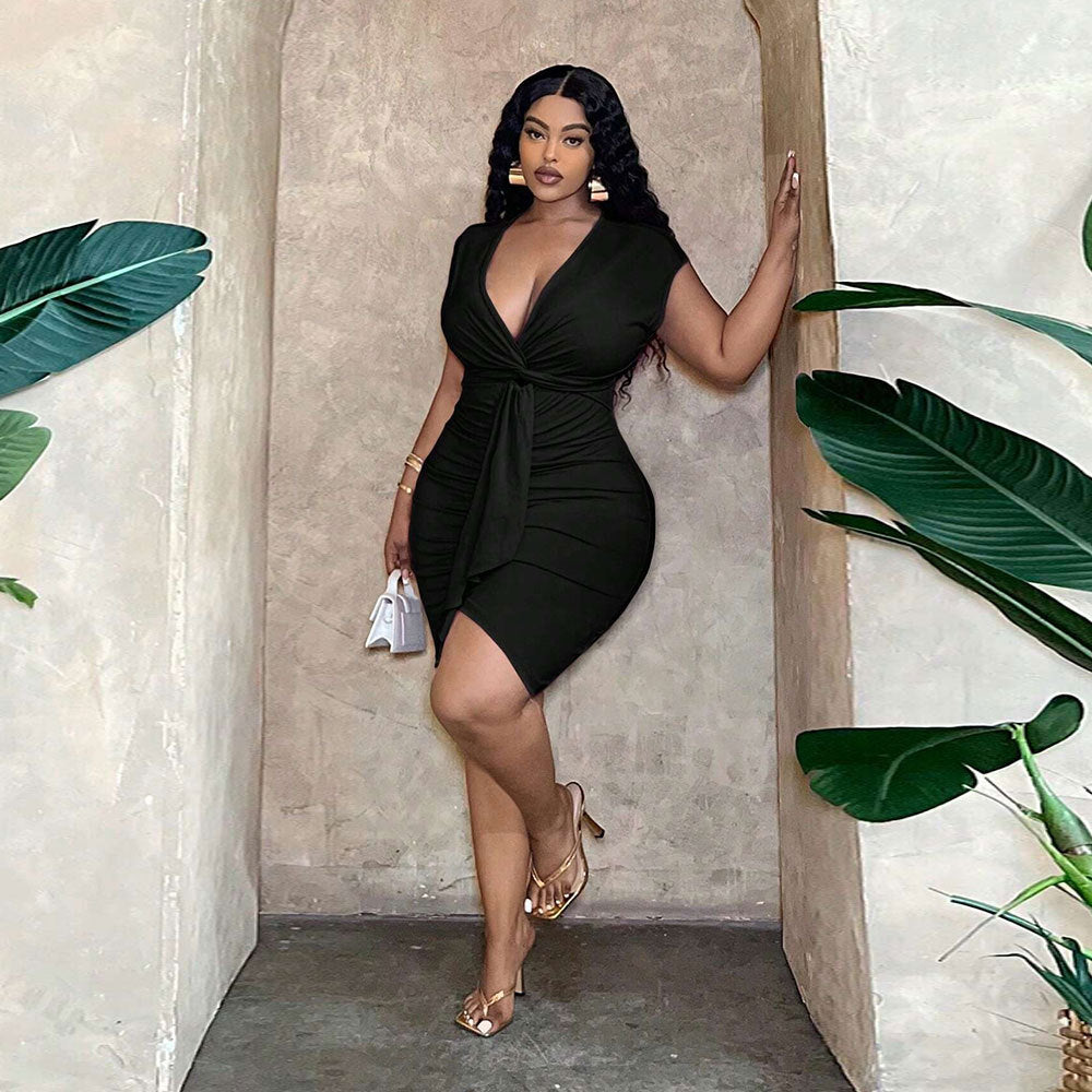 V-neck Waist-tight Ruffle Hip Dress