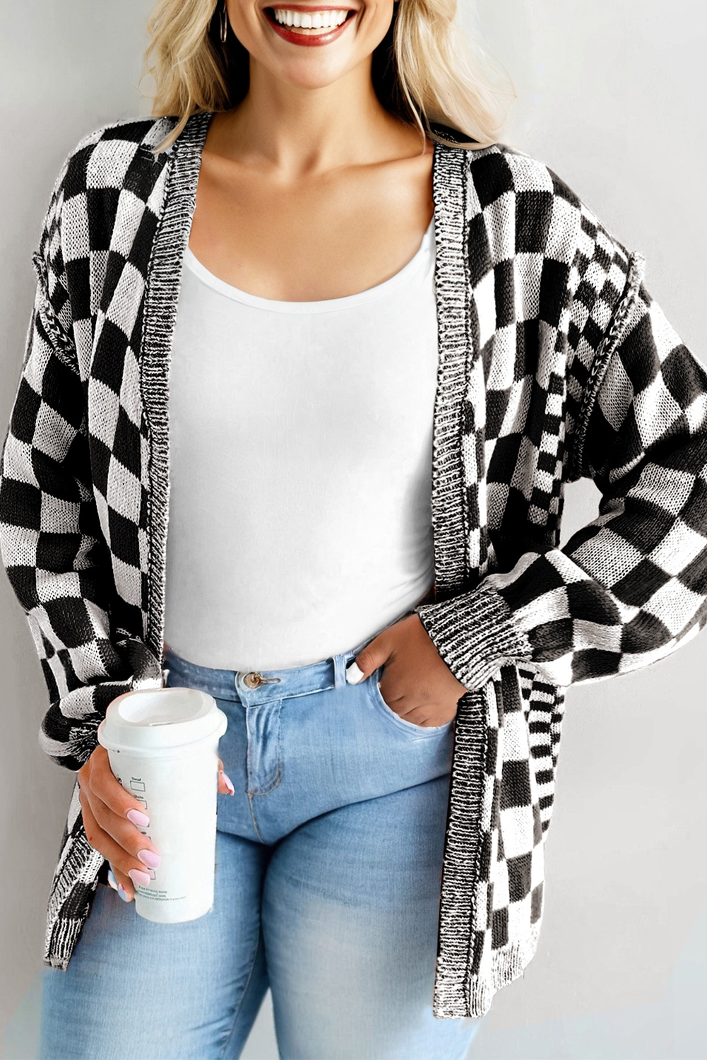 Orange Plus Size Checkered Bubble Sleeve Drop Shoulder Open Cardigan