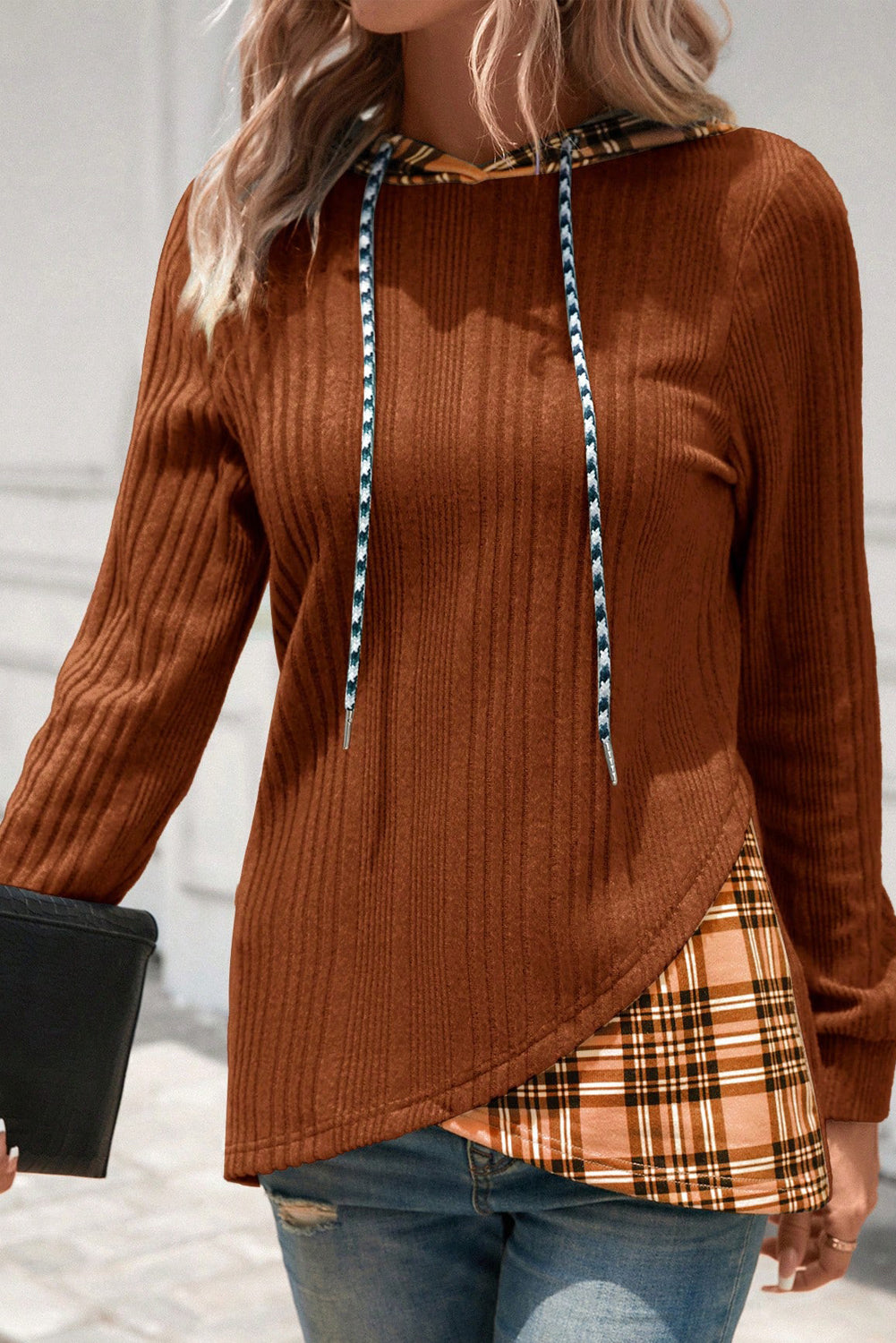Chestnut Plaid Knit Drawstring Hooded Top