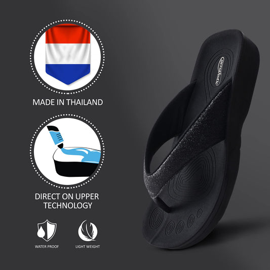 AEROTHOTIC Womens Slip On Lightweight Plantar Fasciitis Orthotic Flip Flops Comfortable Walking Outdoor Beach Ladies Arch Support Summer Thong Sandals (Crystal Black, size7)
