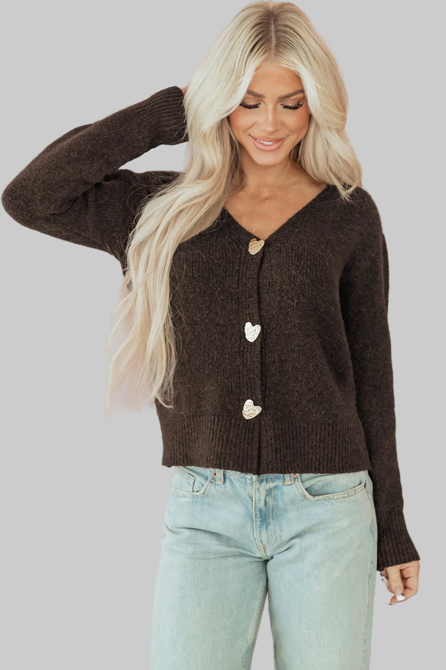 Chicory Coffee Heart Metal Button V Neck Cardigan Sweater