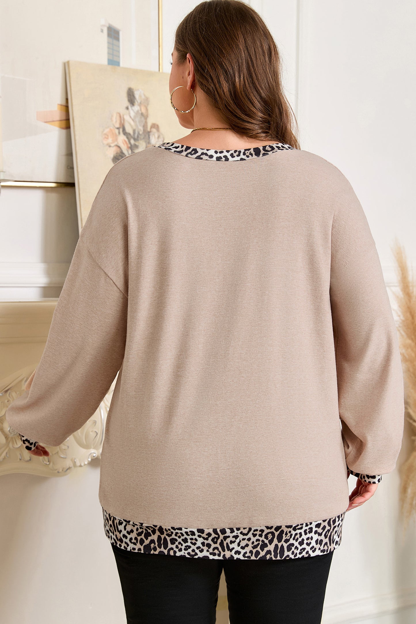 Parchment Leopard Patchwork V Neck Long Sleeve Top