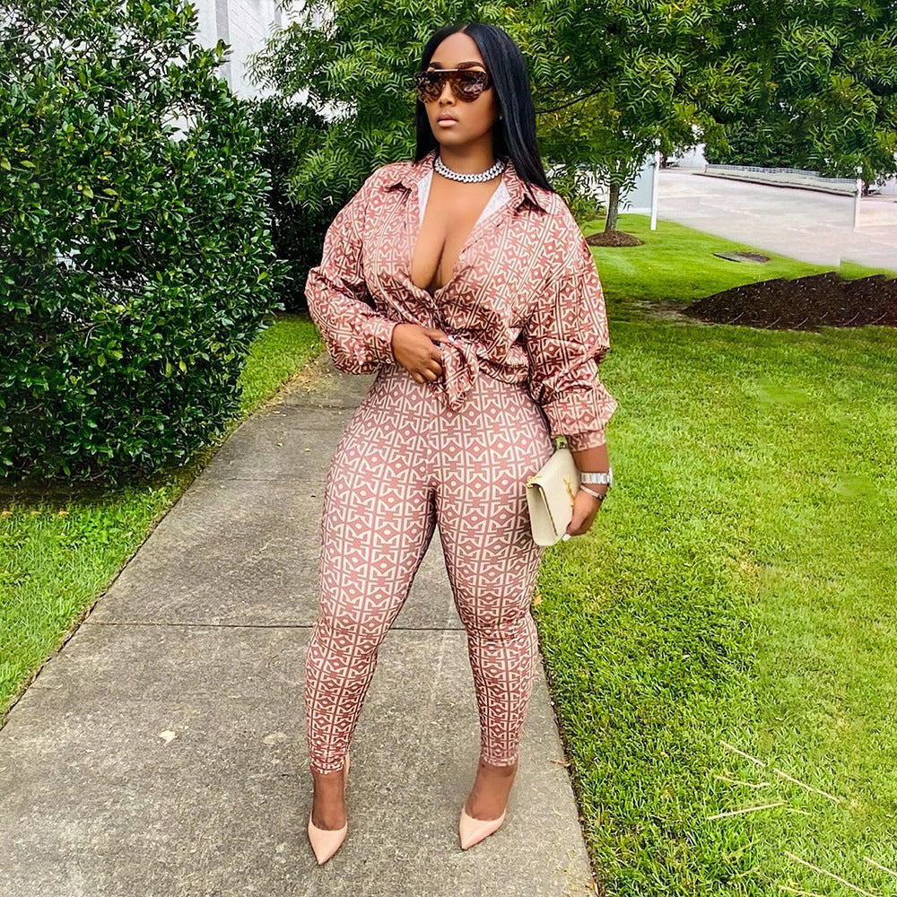 Geo Pattern Shirt High Waist Pants Set