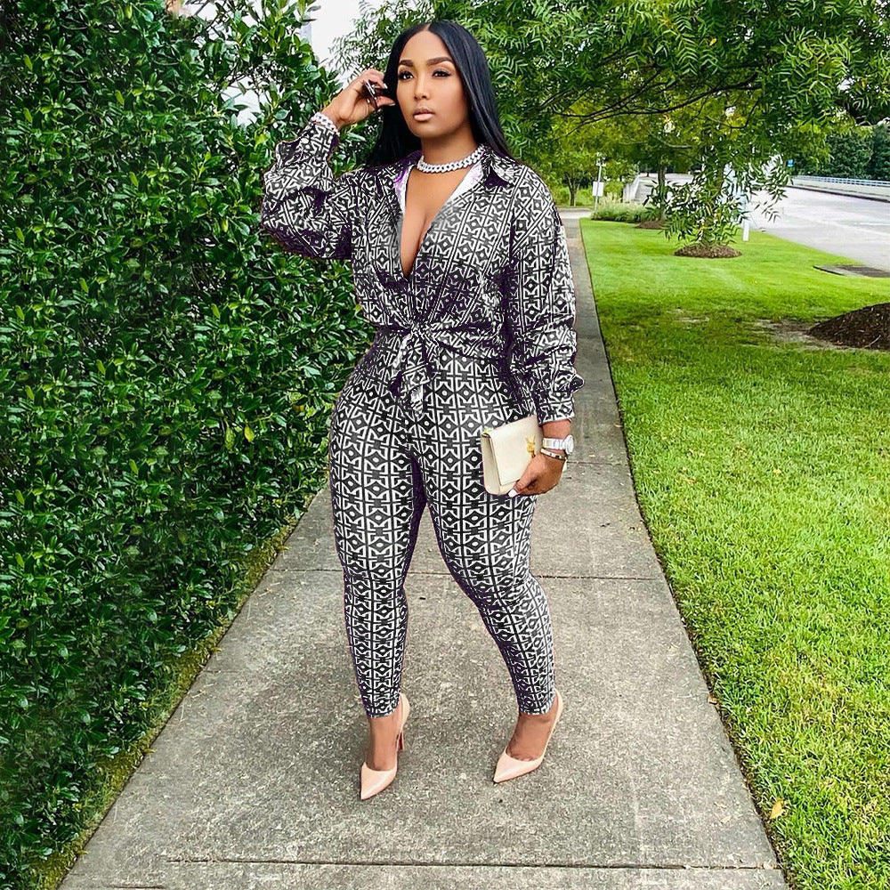 Geo Pattern Shirt High Waist Pants Set
