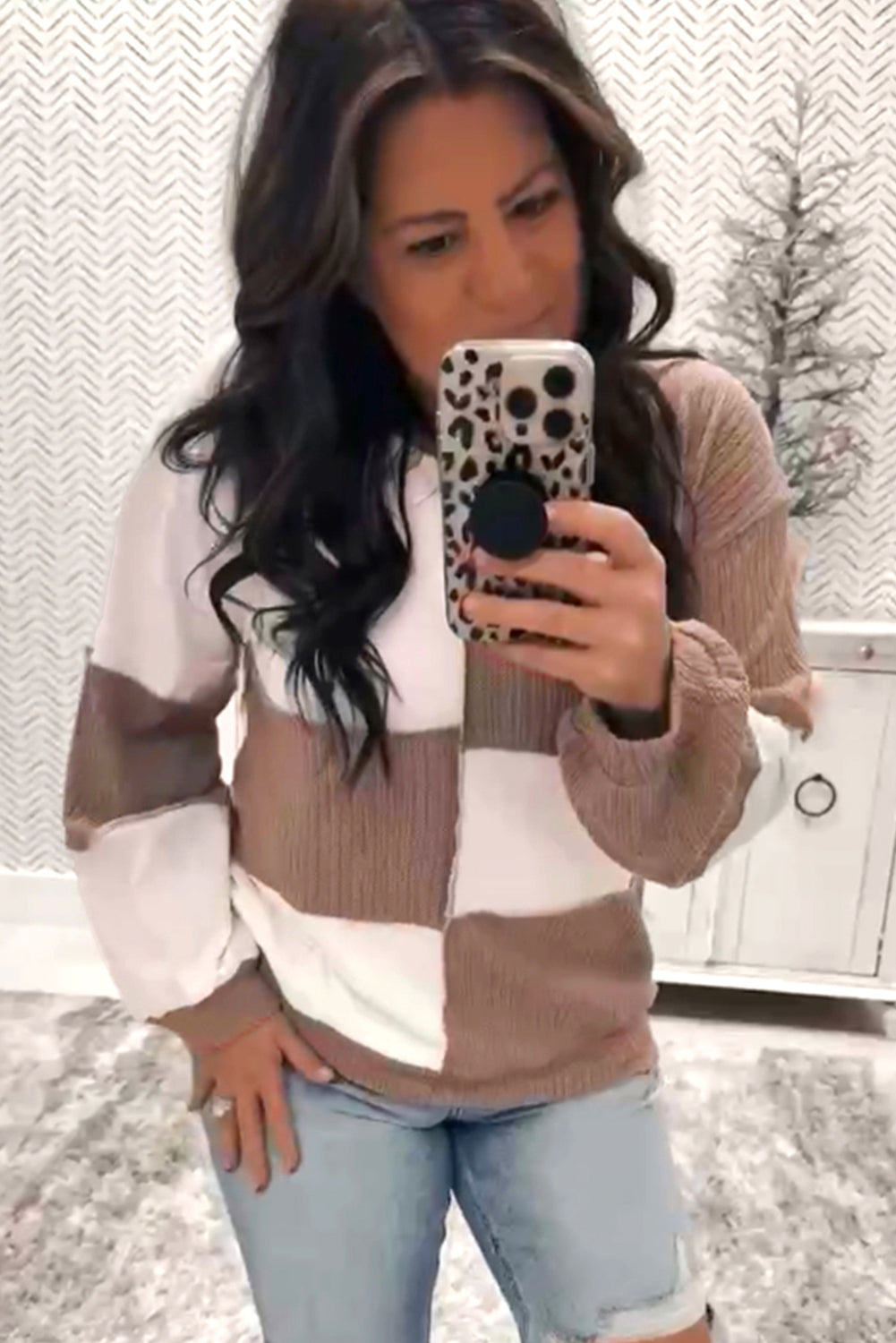Dark Khaki Colorblock Checkered Raw Seamed Knitted Jumper