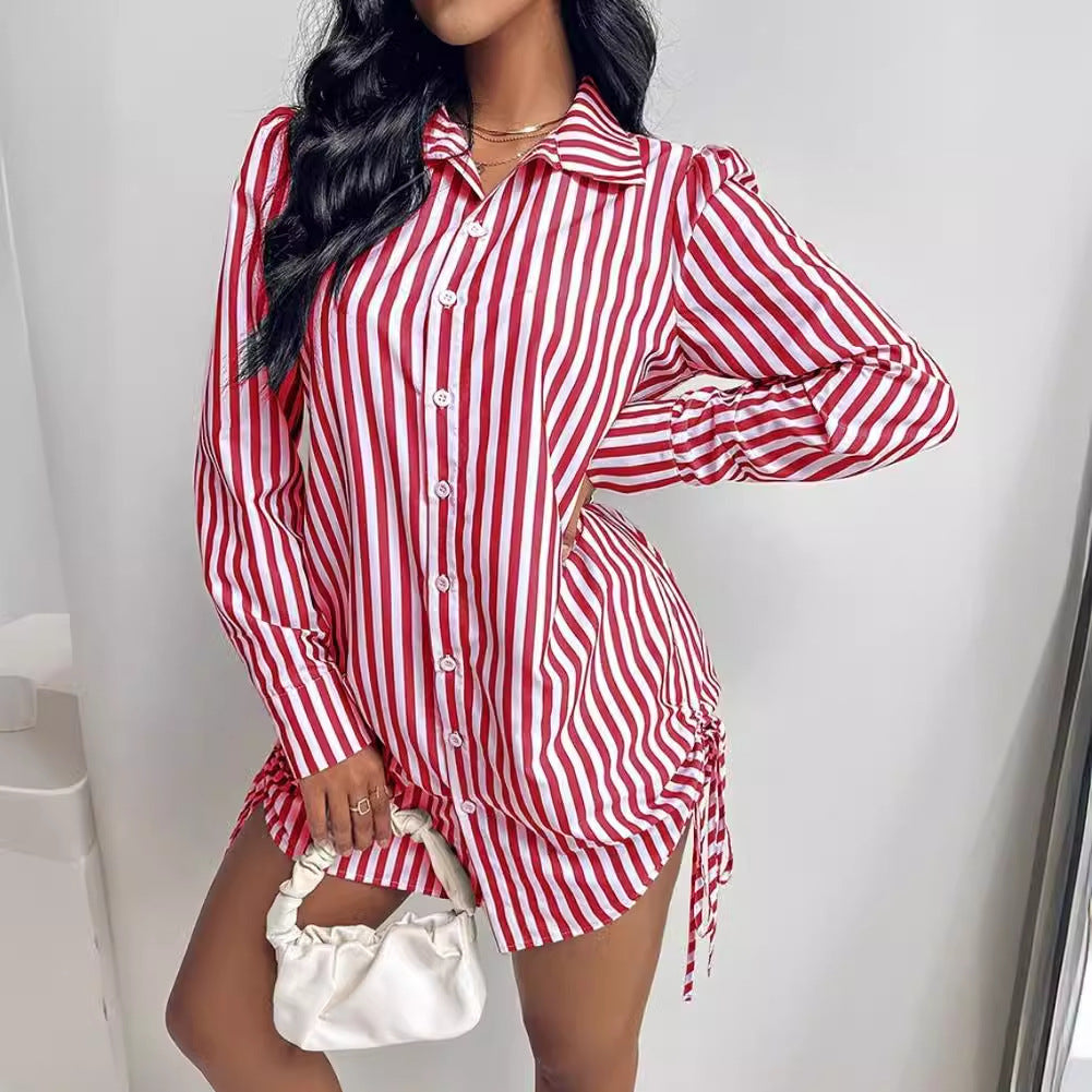 Color Contrast Striped Long Sleeve Lapel Shirt Dress